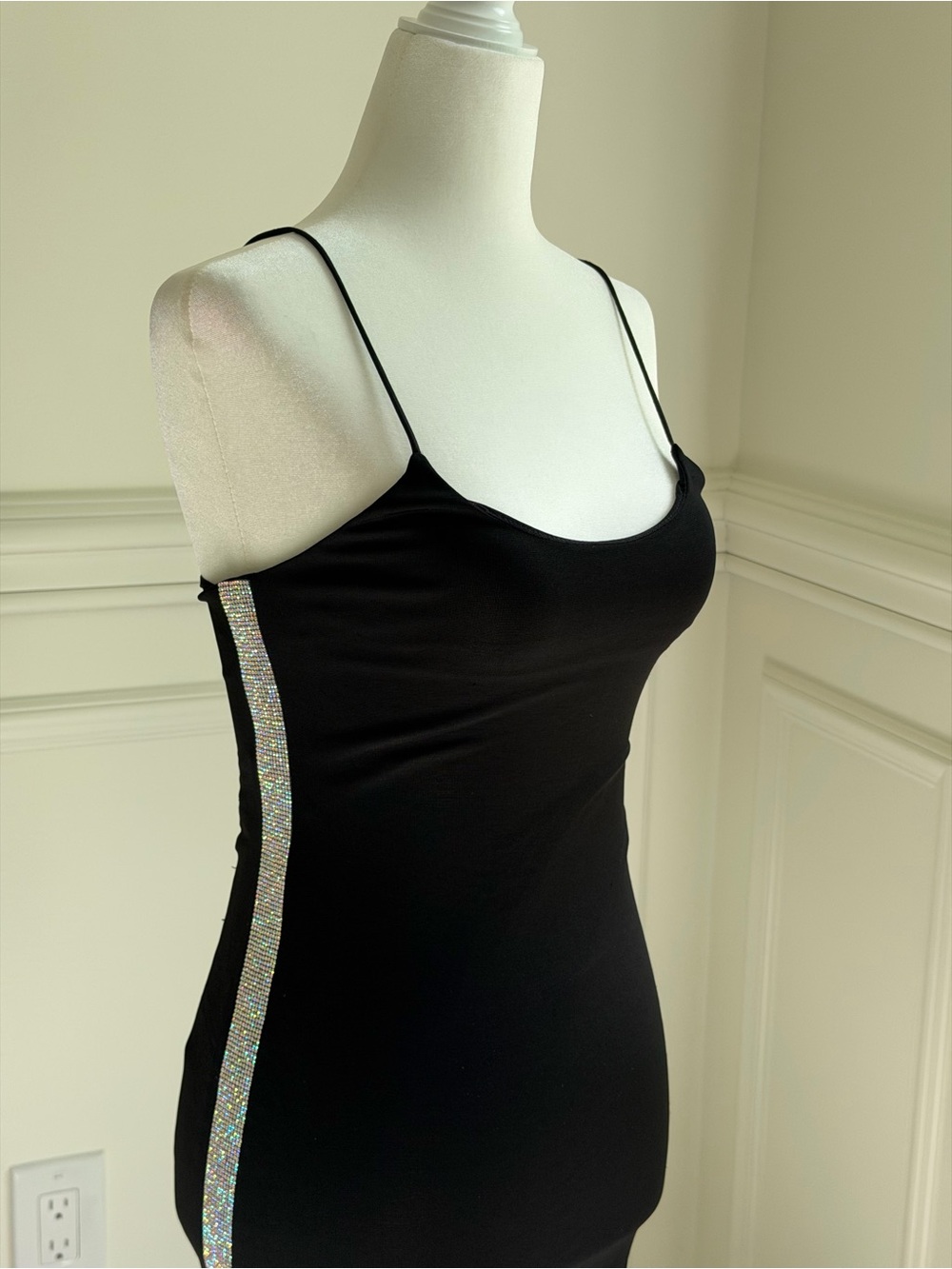 Alice + Olivia Black Spaghetti Strap Camisole with Rhinestone Side Stripe